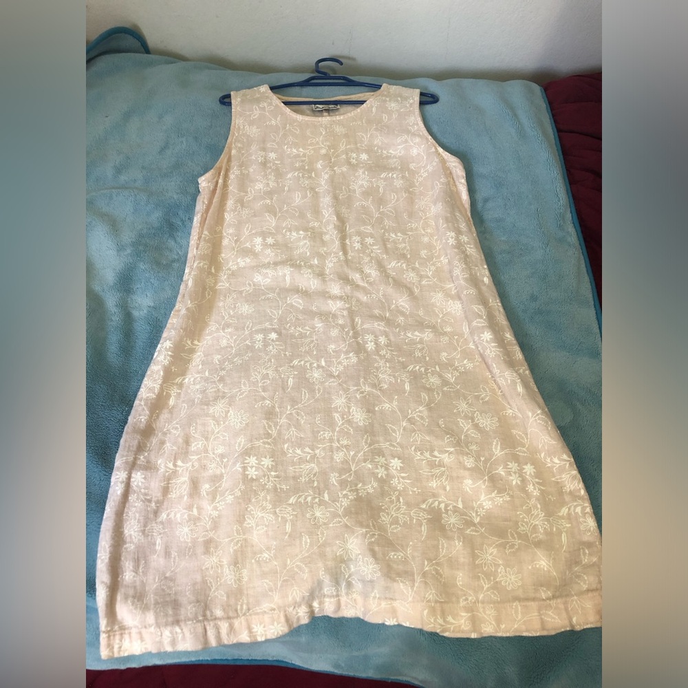 Vintage 100 p linen dress beige floral print m